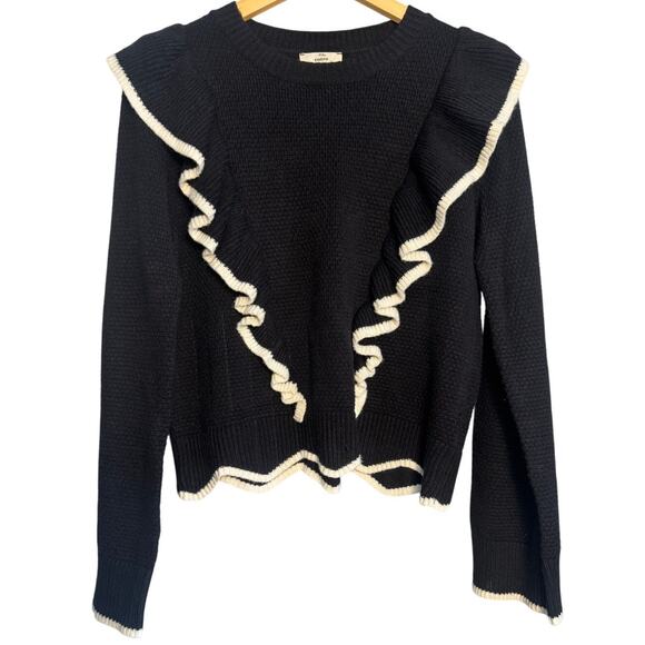 Entro Black Sweater Small Ruffle Trim Knit Top Contrast Cream Edges - Picture 1 of 5
